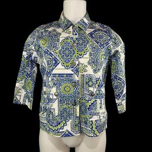 Spartelle Blazer Jacket Womens Large Button Up Blue Green Multicolor Stretch 461